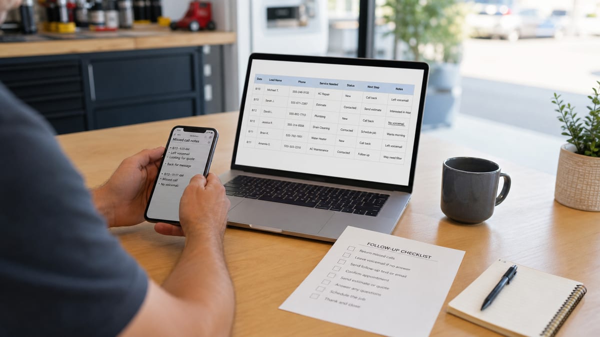 Local service follow-up desk with a lead tracker, phone, and checklist