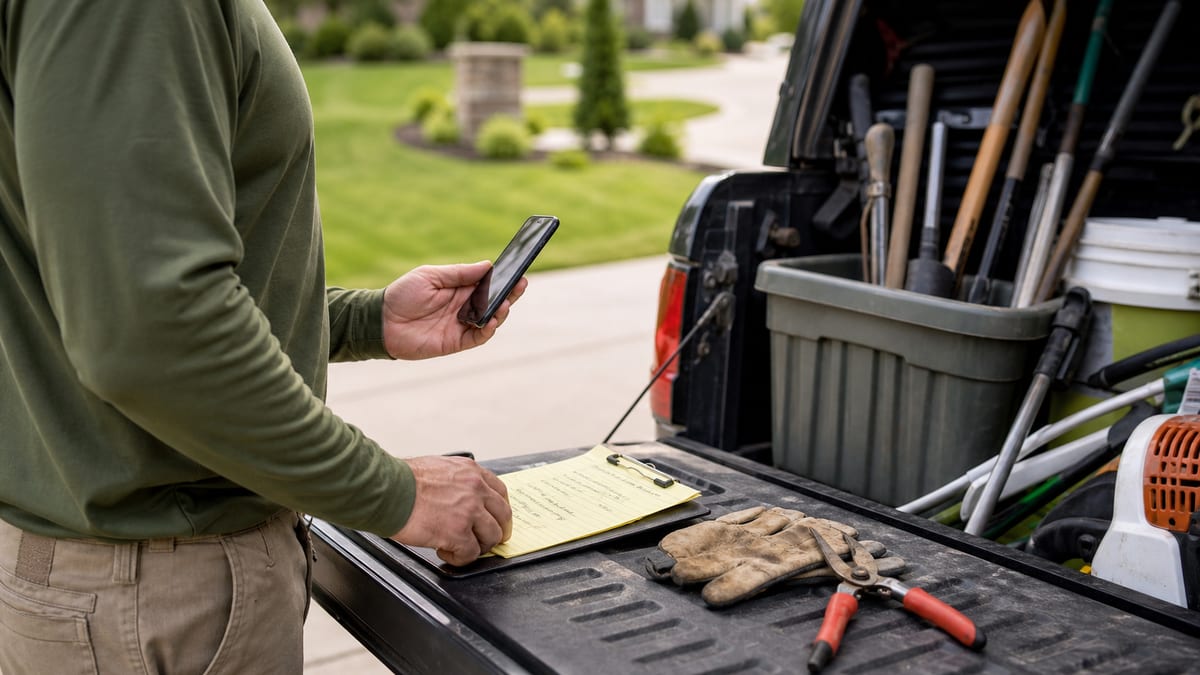 Landscaping owner reviewing old quote requests beside tools in a truck bed